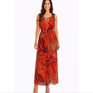 100% Silk Maxi Dress Red Orange Abstract Print Sleeveless Flowy Resort Vacation